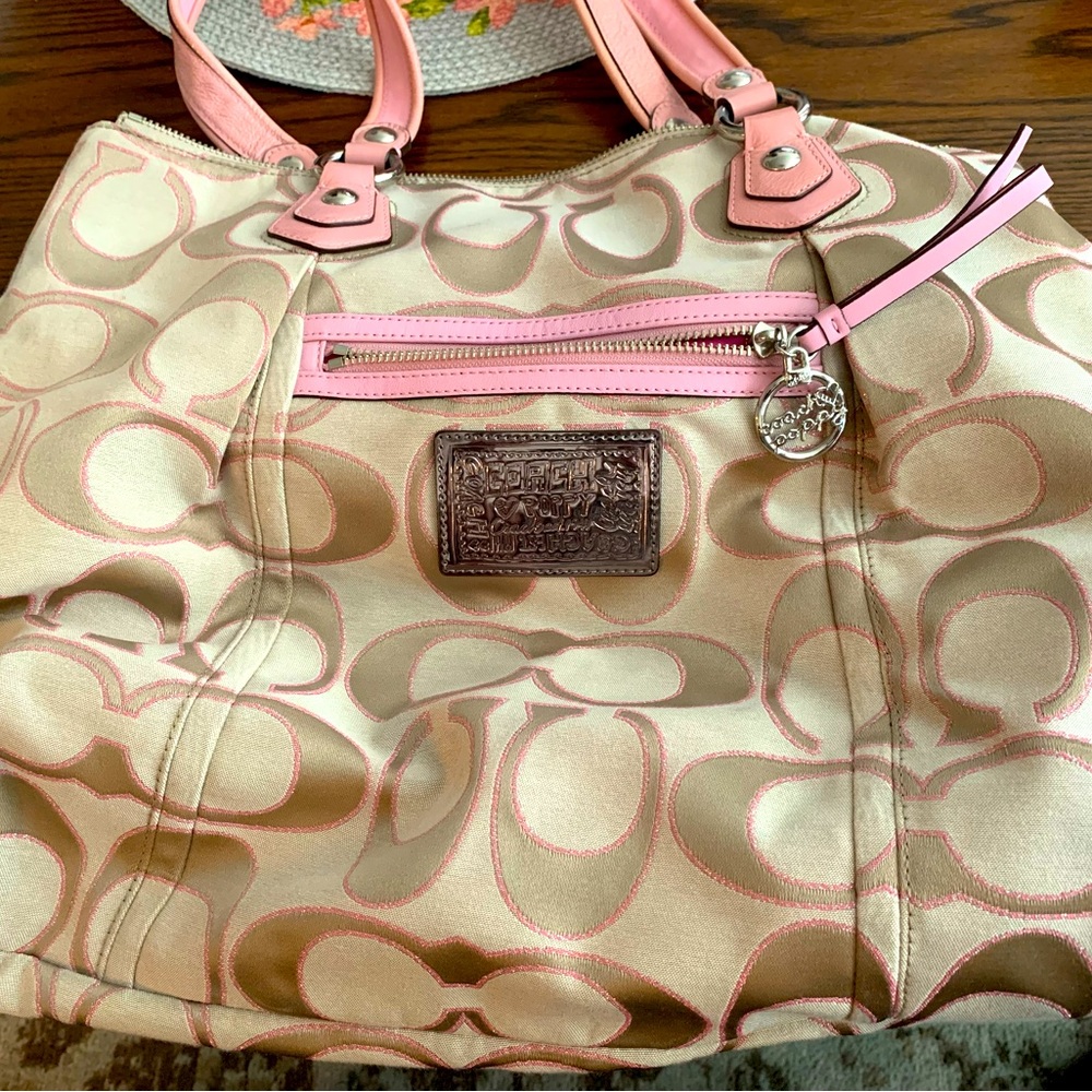 Coach Poppy purse; leather shoulder straps; pink and gold